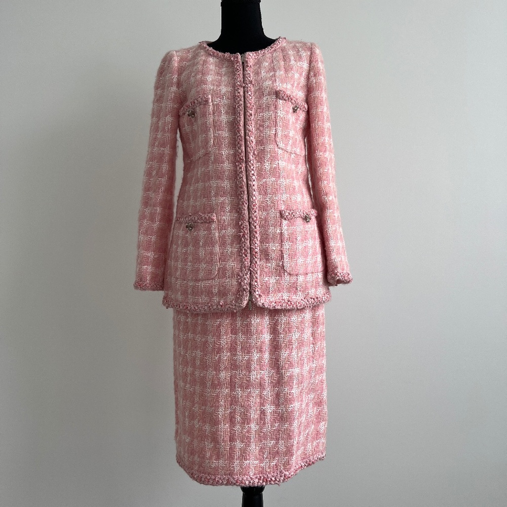 Chanel 2pc Pink Gold Button-Up Tweed Woven Trim Jacket Skirt Suit Set